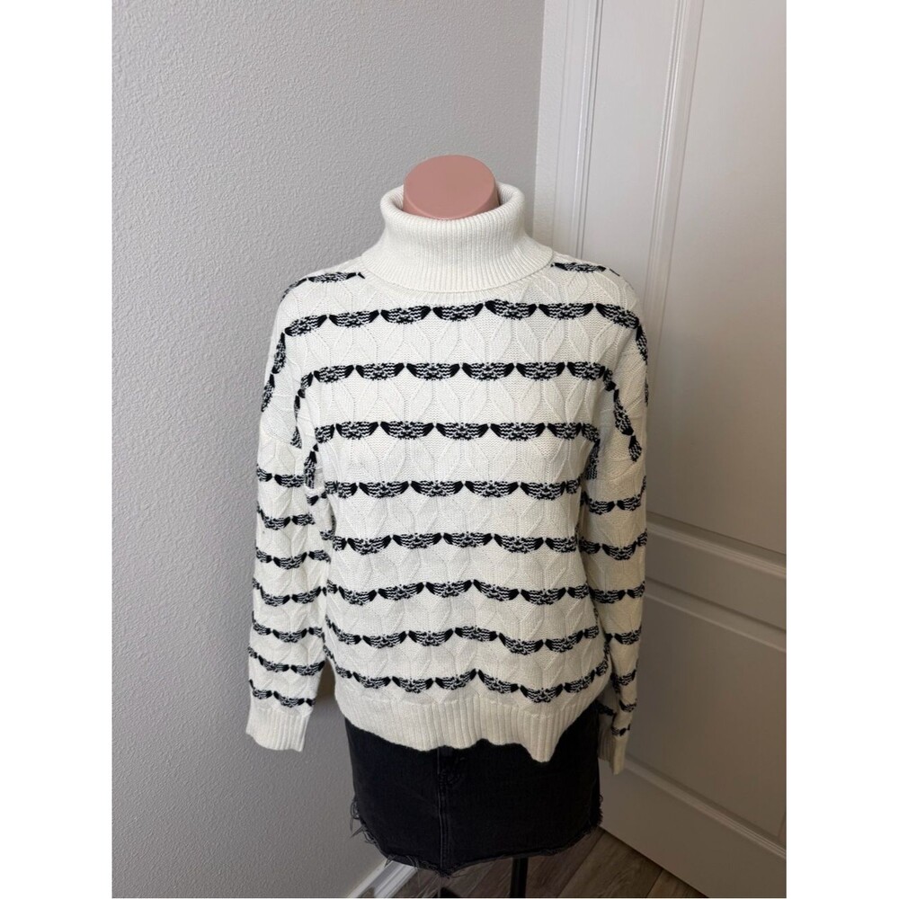 Joie Turtleneck Cable Knit Sweater in White with Black Pattern Sz M